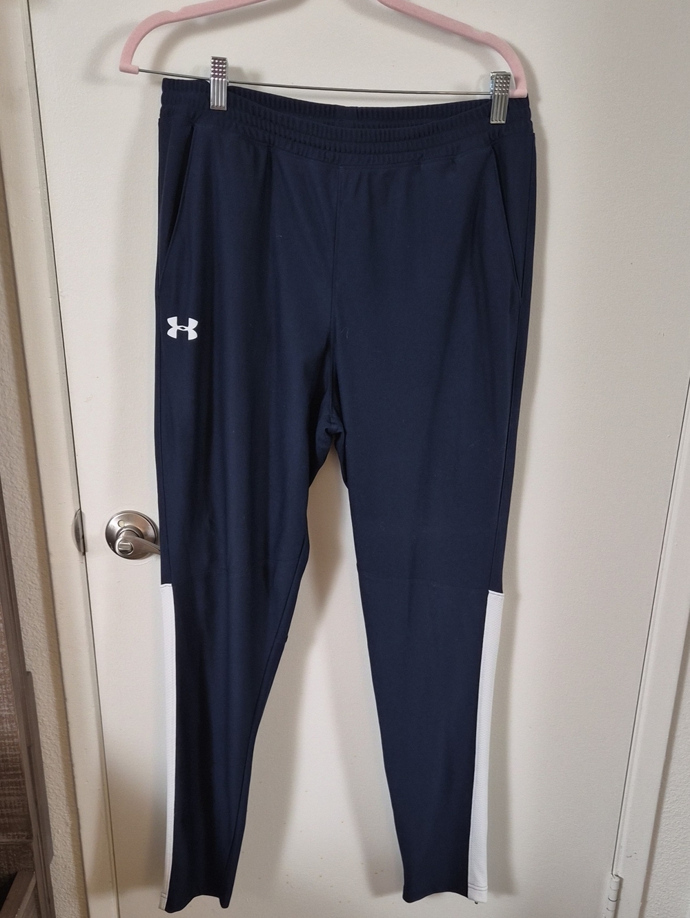 Under Armour Navy Track Pants with White Side Stripes